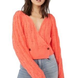 Free People Olive You Cropped Cotton Cardigan Sweater Lipgloss Orange Size XS